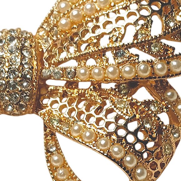 RARE Vintage 70s Gold Tone Bow Necklace Chunky Choker Rhinestone Pearls Filigree - Picture 7 of 9